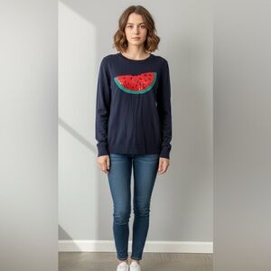 J.Crew Factory Watermelon Teddie sweater in navy blue cotton with sequin details